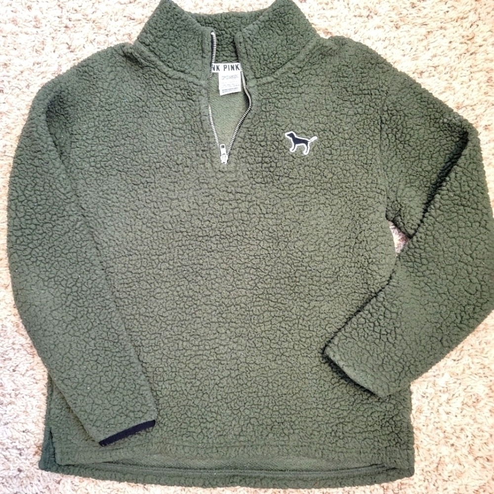 PINK Victoria's Secret army green sherpa 1/4 zip pullover